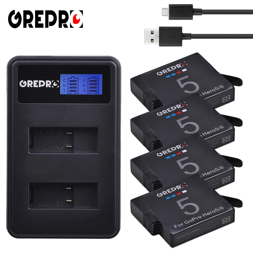 

GREPRO 4pcs 1260mAh GoPro Hero 5 GoPro Hero 6 Camera Battery+LCD USB Dual Charger for GoPro Hero6 5 Black AHDBT-501 Batterie
