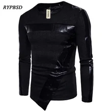 2017 New O-Neck Men’s Sweater Personality Patchwork Leather irregular Sweater Leather Sweater Men Cashmere Pullover