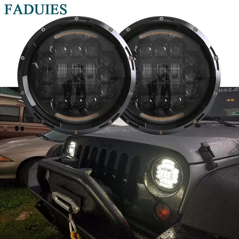 FADUIES Black 7 inch 90W LED Headlight Fog Lamp DRL For Jeep Wrangler JK CJ TJ Hummer H1 H2 Car Led Headlamp For Kenworth T2000 (1)