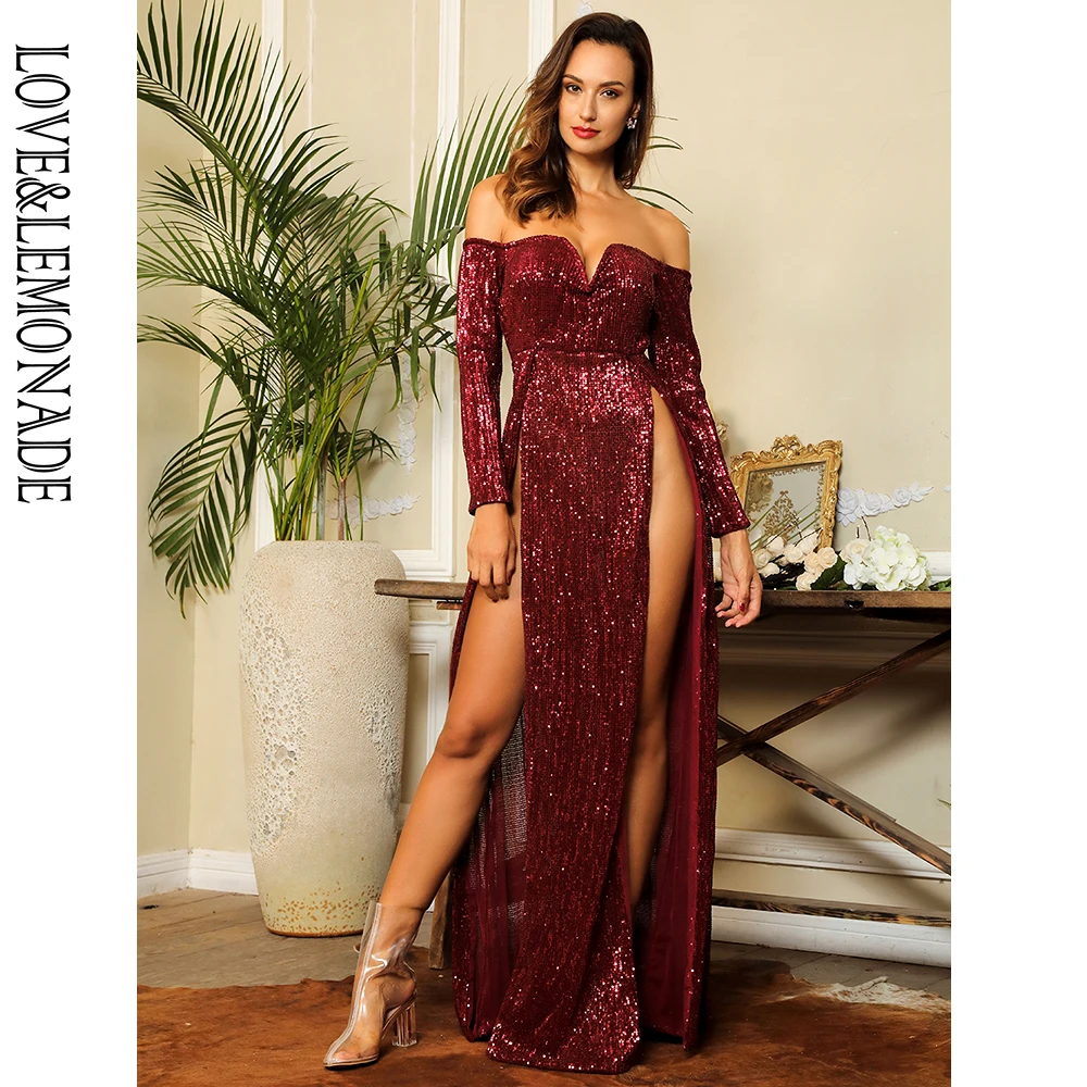

Love&Lemonade Sexy Deep V-Neck Cut Out Sequins Long-Sleeved Maxi Dress LM81599 WINERED