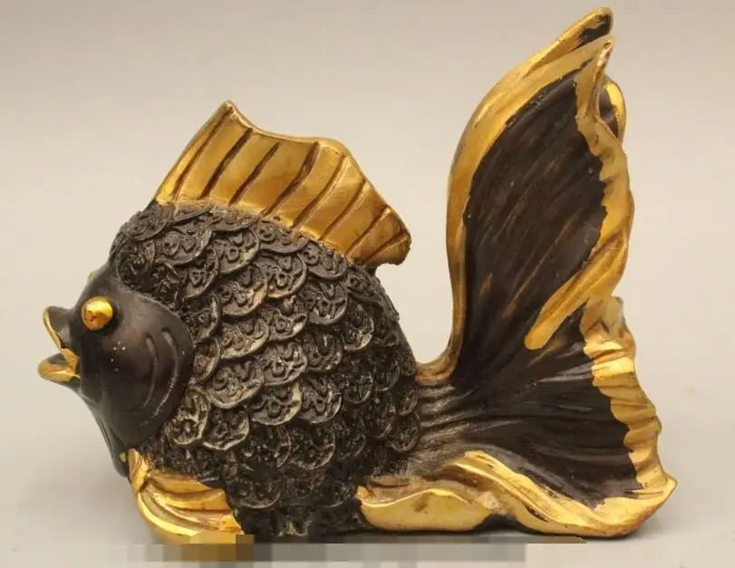 

S6382 5" China Chinese Folk Feng Shui Bronze Gild Lovely Goldfish Carp Statue Sculptur D0317