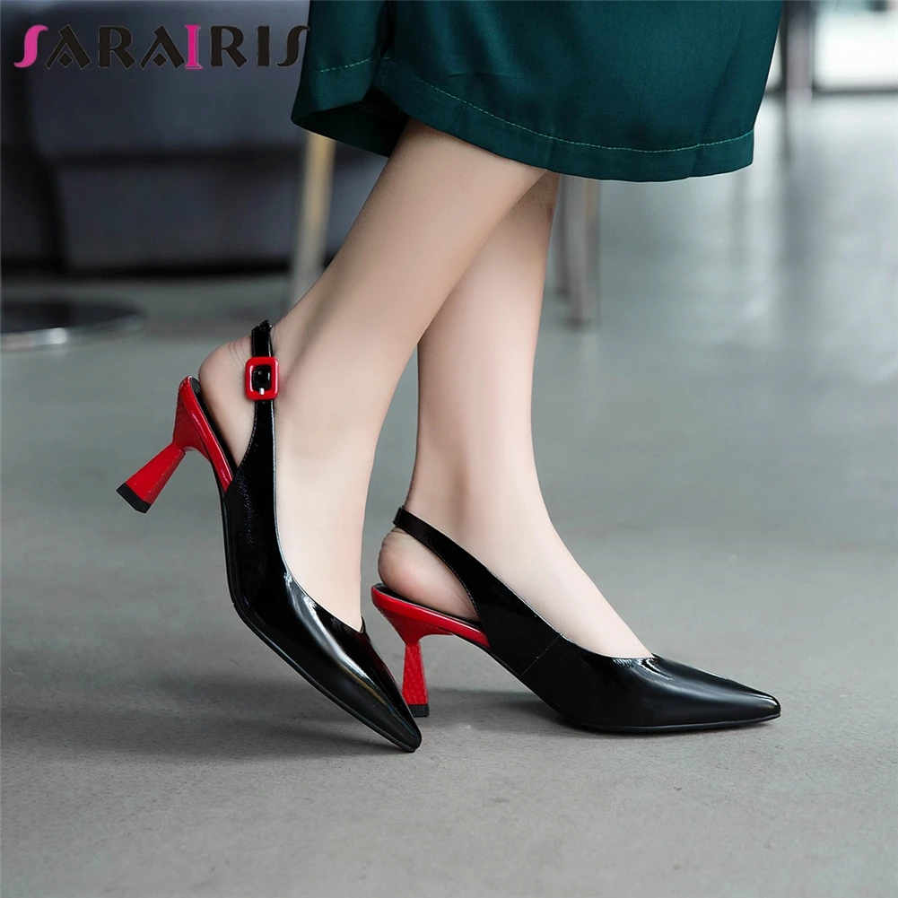 

SARAIRIS New Summer Sexy Pointed Toe Shoes Woman Sandals Cow Leather Strange Style Buckle Party Sandals Woman Shoes