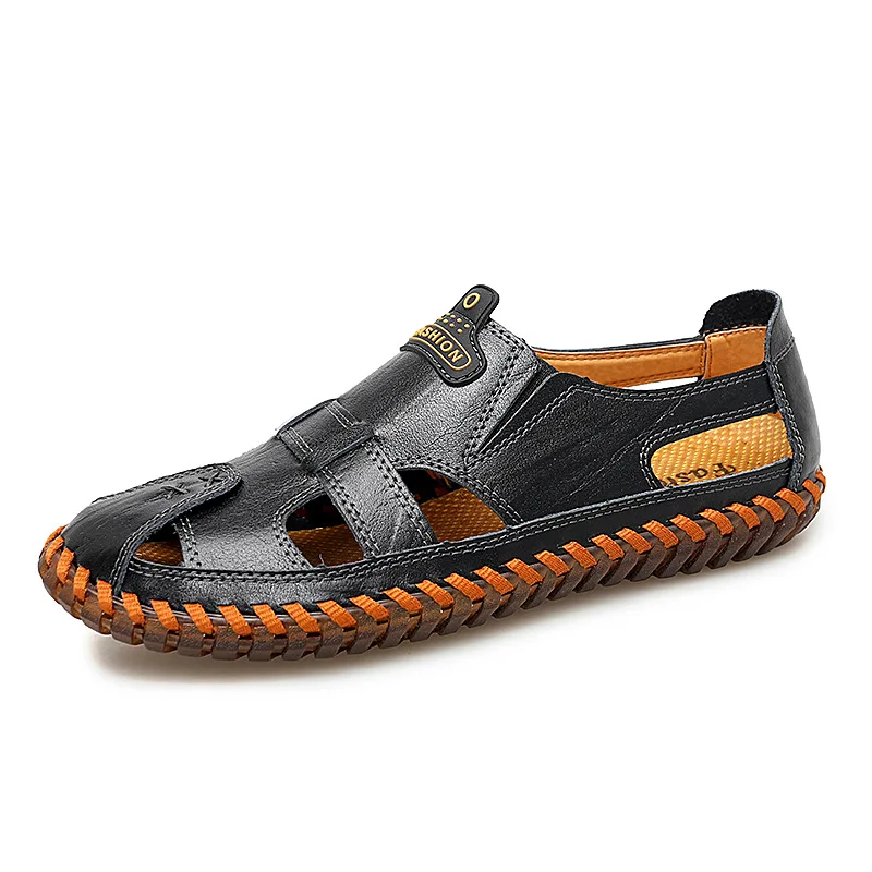 Merkmak/Новинка; повседневные мужские мягкие сандалии; удобные мужские летние кожаные сандалии; мужские летние пляжные сандалии в римском стиле; большие размеры 38-48 - Цвет: Black