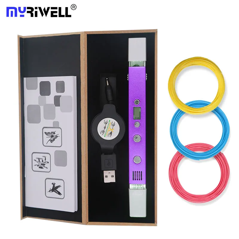 Myriwell 3d Ручка RP100C, ABS/PLA/PCL 3 режима, с PLA нити и бесплатный узор лучший подарок для детей Детский подарок на день рождения - Цвет: only purple pen