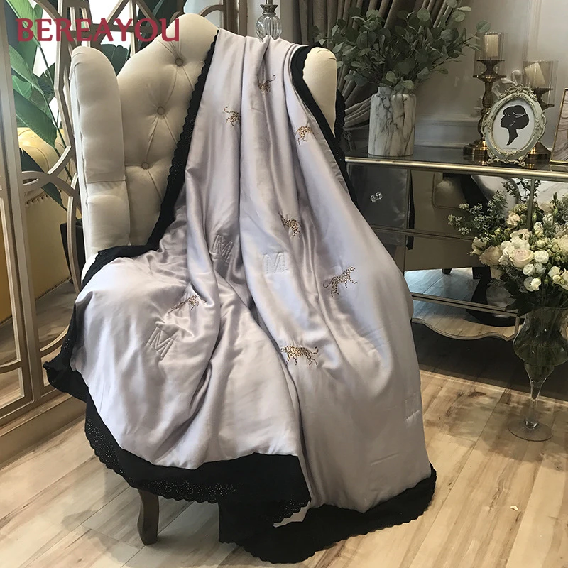 Summer Quilts 80S Tencel Embroidery Quilt and Pillowcase King Size Bed Cover Comforter Single Quilts In Sewing couette de lit