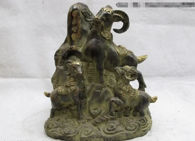 

Elegant old S0450 China Classic Bronze Gilt Home Auspicious Feng Shui Coin Money Three goat sheep statue