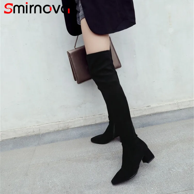 

Smirnova NEW arrive flock woman boots 2020 simple thick heels thigh boots ladies over the knee boots square toe fashion shoes