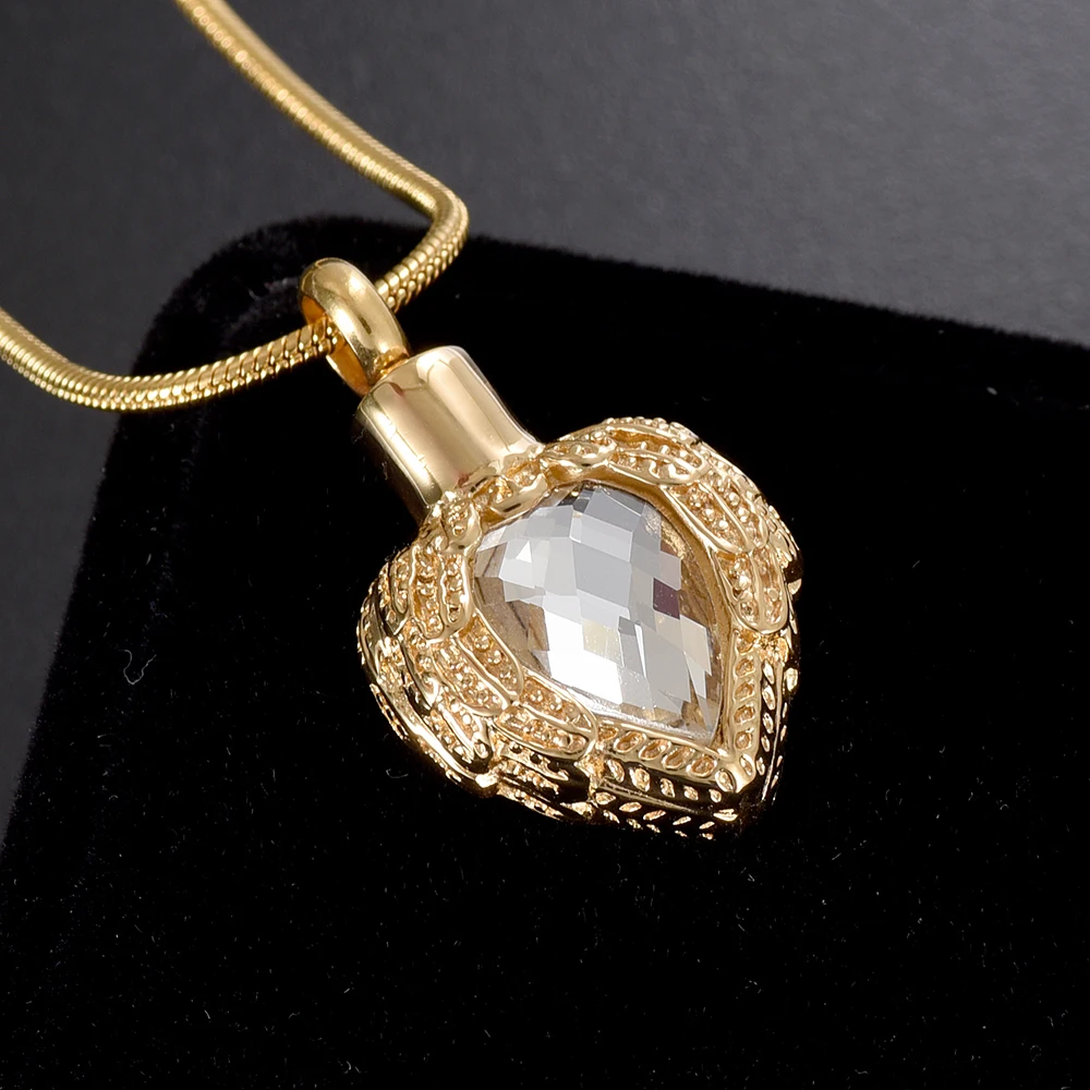 

8719 Gold Design Locket Feather Heart CZ Stone Inlay Memorial Urn Necklace Stainless Steel Cremation Pendant Jewelry Keepsake