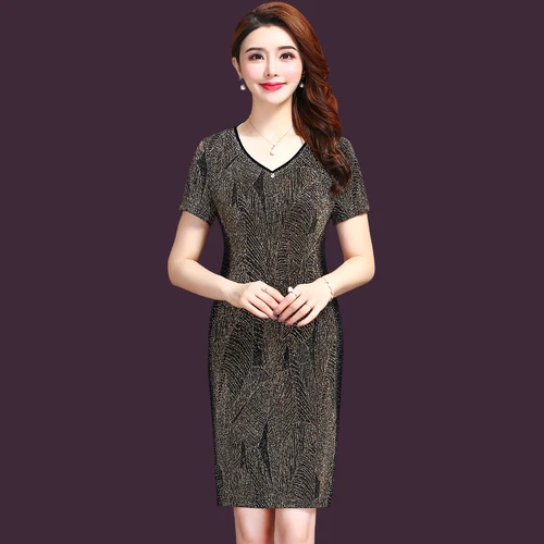 

New Summer Korea Version Silk Slim Simple Elegant Printing Women Dress Short Sleeve And V-neck Designs Office Lady Dresses