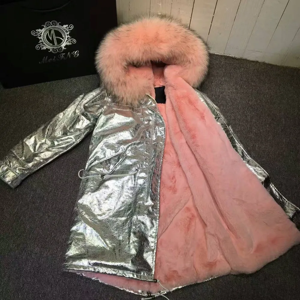 

Sliver Long Parka Baby Pink Parka For Ladies Winter Wear,Leather Shell With Raccoon fur hoodies