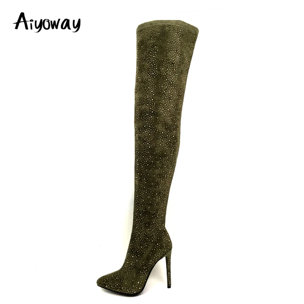 

Aiyoway Fashion Women Ladies Pointed Toe High Heel Over The Knee Boots Autumn Winter Long Boots Crystal Handmade Army Green
