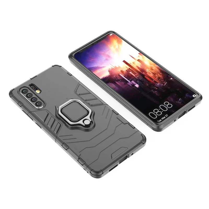 

Soft Silicon + PC Hard Armor Iron Man Case For Huawei P30 Pro / P30 Phone Back Cover With Metal Ring Bracket Stand