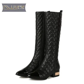 

MLJUESE 2018 women knee high boots cow leather patchwork winter boots slip on short plush high boots size 34-43 high boots