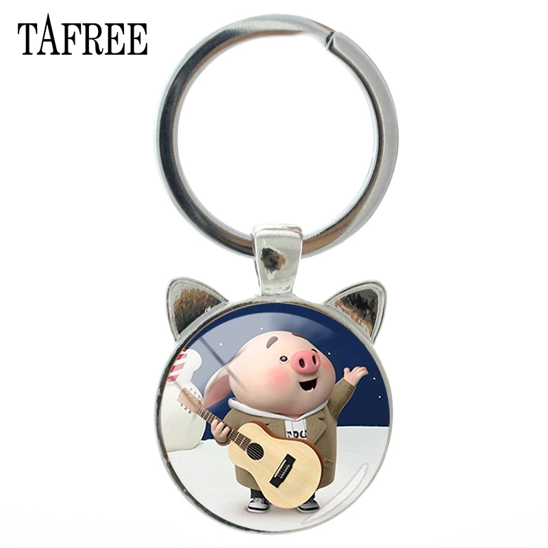 

TAFREE Fashion Lovely Pig Time Gem Keychain Women Jewelry Antique Silver Cat Ear Key Chain Pendant Key Ring PG52