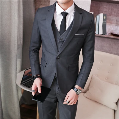 Однотонный костюм из трех предметов, мужские костюмы для свадебного банкета, пиджаки, брюки и жилеты, модные деловые мужские блейзеры, 3XL - Цвет: gray