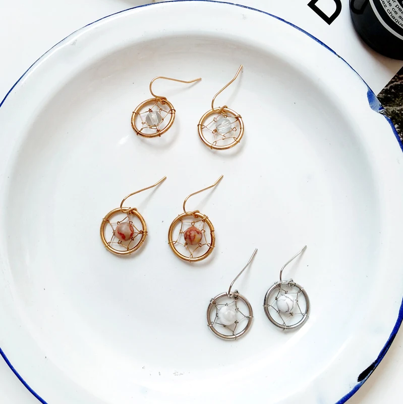 

New Design Vintage Round Mesh Natural Stone Crystal Beads Pendant Drop Earrings Fashion Simple Dangle Earrings jewelry