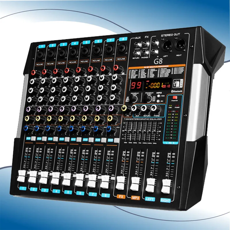 Professional 8 Channels with Bluetooth USB Dual screen Mixer Stage Wedding Outdoor Performance Reverb Effect Adjustment