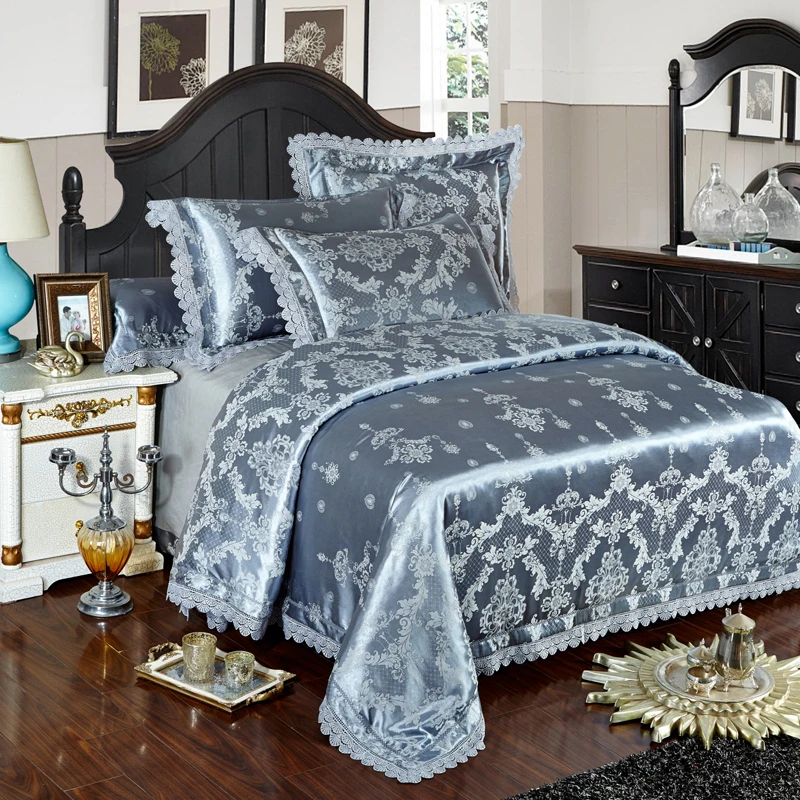 Waliicorners 4-Pcs gold silver lace Jacquard Bed Cover Queen King Size Luxury Bedding Set Silky Bedclothes Duvet Cover Bed Sheet set 8
