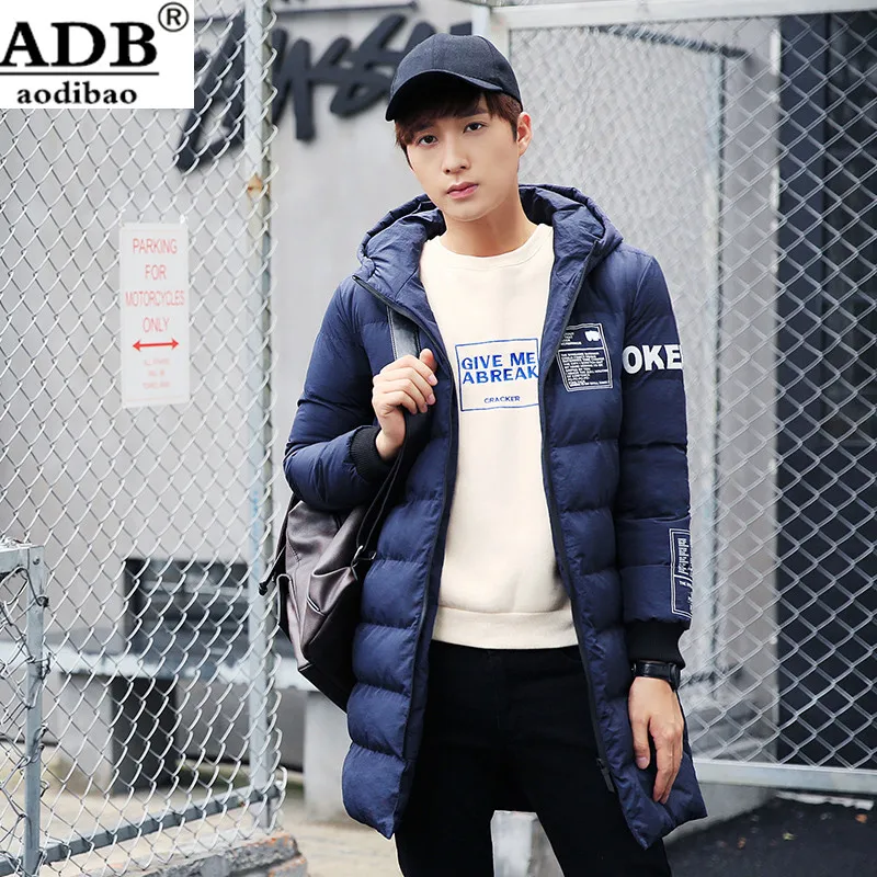 Aodibao 2016 Winter 2XL Long Coat Men Hooded Zipper Slim Cotton Printed Pattern Warming Christmas snow Jacket Men Streetwear