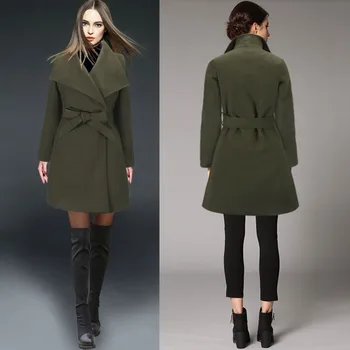 

2018 Autumn and Winter New Woolen Office Lady Coat Slim Solid Long Sleeves Jacket Covered Button Adjustable Waist Outerwear DY49