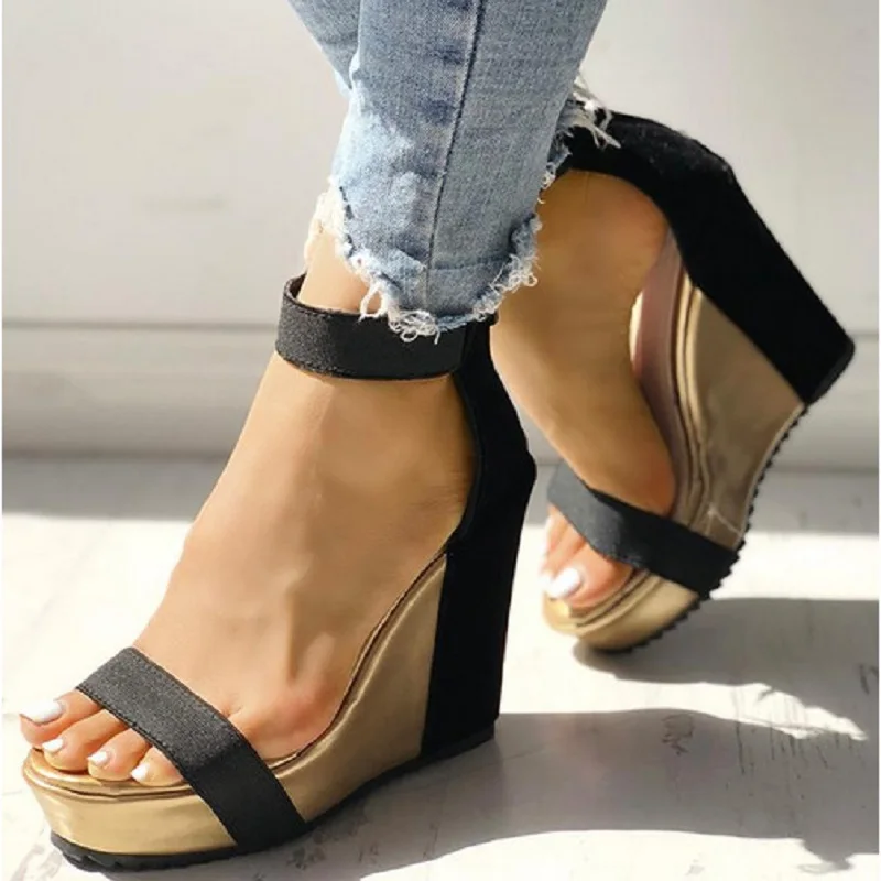 

Summer wedges sandals women gladiator high heels open toe ladies shoes black gold roman ankle strap platform sandals big size