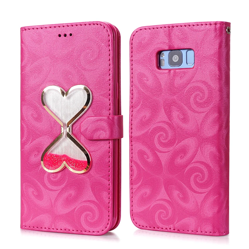 Hourglass Love Heart Quicksand Leather Wallet Case For Samsung Galaxy S8 S9 Plus S5 Mini S7 Edge Magnetic Flip 2 Card Slots Bag (39)