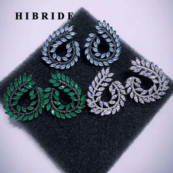 

HIBRIDE Brazil Style Green Leaf Shape Cubic Zirconia Women Stud Earrings Classic Female Bridal Earring Brincos Party Gifts E-570