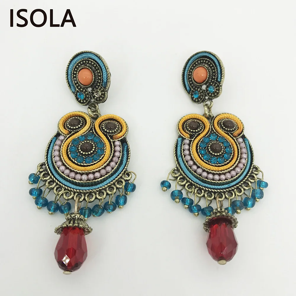 ISOLA Vintage Resin beaded Filled Rhinestone Soutache Earring Ethnic Style Statement Boho Earrings For Traditional Festival