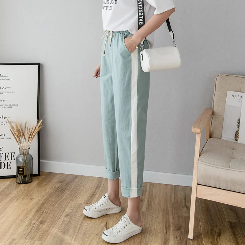 

Summer Autumn Cotton Linen Ankle Length Pants Women's Casual Trousers Pencil Casual Pants Striped Green Pink Women's Trousers