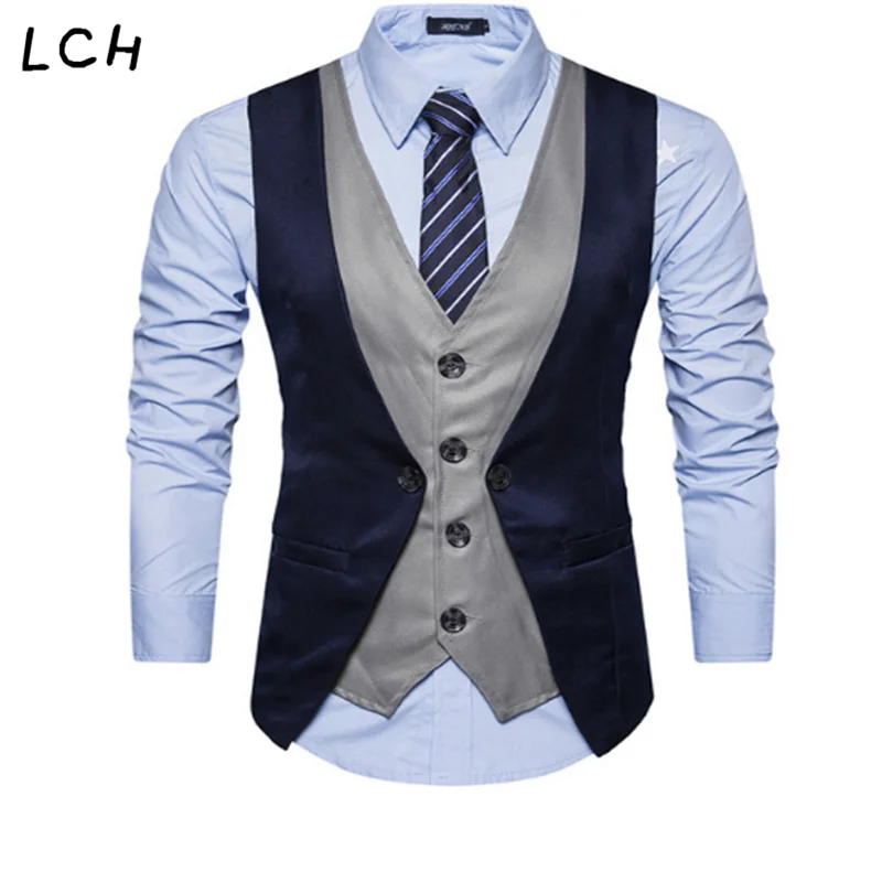 

Mens Patch-work Formal Blazer vests Smart Casual Single Breasted V-neck Vest EU Size S-XXL Male Vests Drop shipping