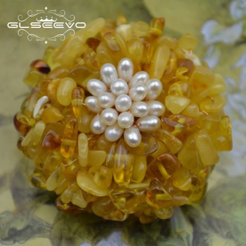 

GLSEEVO Natural Amber Fresh Water Pearl Brooch Pins Flower Brooches For Women Gift Dual Use Designer Luxury Fine Jewelry GO0259