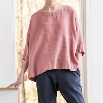 

Women Casual Top Loose Summer Three Quarter Sleeve Top Round Collar Solid Color O-neck Cotton Linen Shirt Blouse Tops