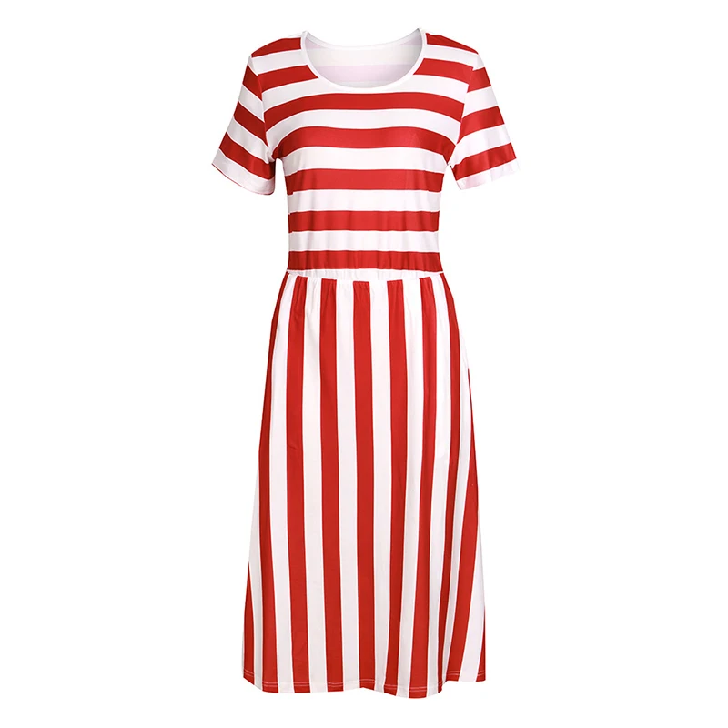Red Black A Line Casual Dresses Women Summer Dress Short Sleeve Striped Midi Dress O Neck Pocket Summer Holiday Dresses