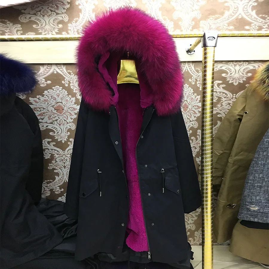 

Real rabbit Fur Coat Long with raccon dog fur collar Women Real Fur Parka Natural Raccoon Fur Collar Warm Jacket