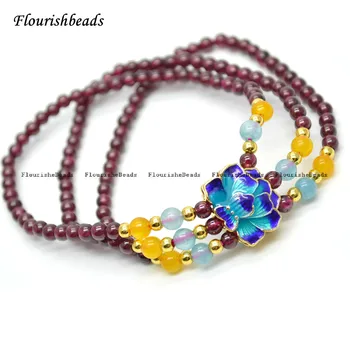 

Multi Rows Natural Garnet Stone Round Beads Cute Lotus Metal Cloisonne Enamel Charm Bracelet Fashion Woman Party Jewelry