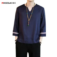 Новая льняная Футболка мужская летняя V образным вырезом Ретро три четверти рукав тройник китайский стиль размера плюс 4XL, 5XL дышащая мужская футболка