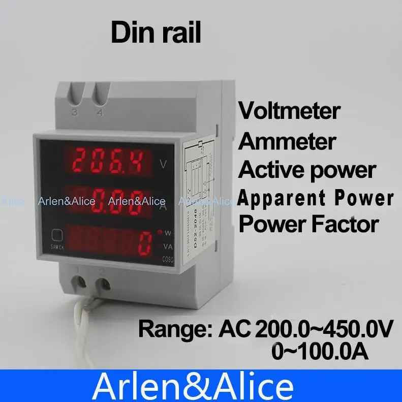 Din рейка светодиодный диапазон AC 200 0 450 в 100.0A дисплей Вольтметр Амперметр с