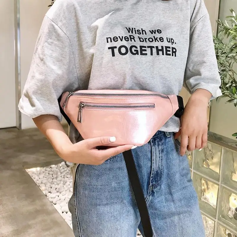 

Women Holographic Fanny Pack Chest Bag PU Crossbody Zipper Female Belt Bag Black Pink Geometric Waist Bags Phone Money Pouch