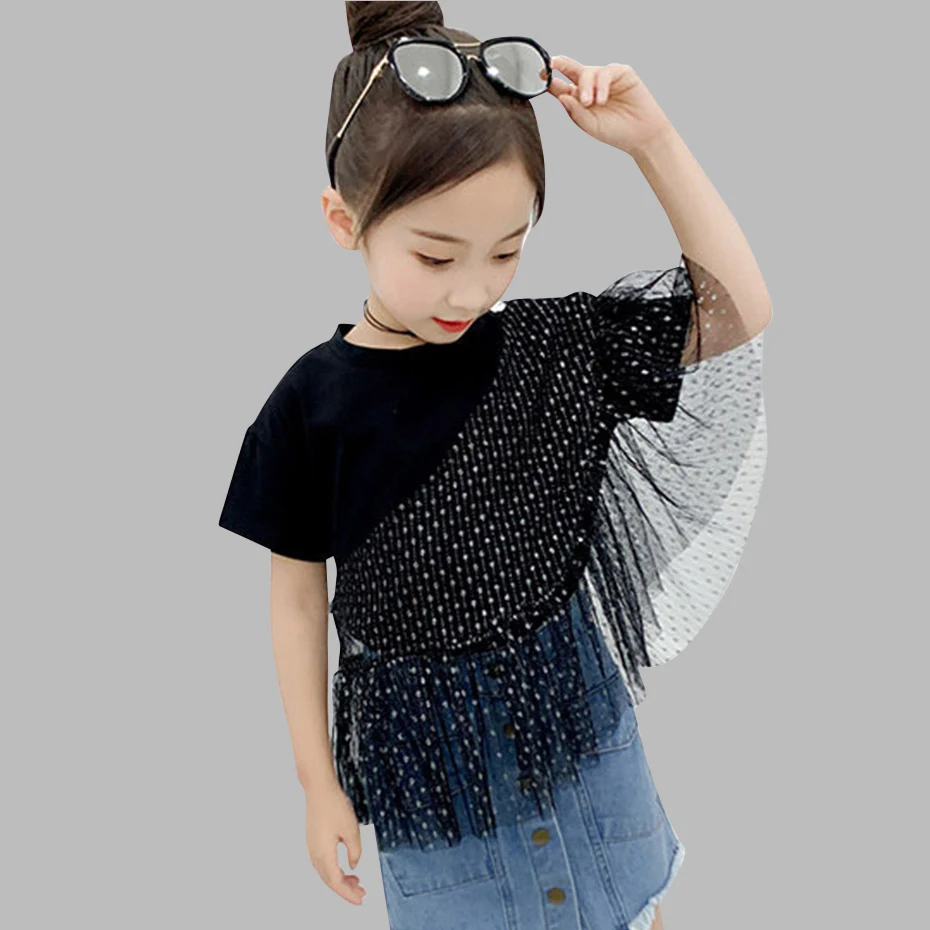 

T-Shirts For Girls Dot Pattern TShirt For Girls Patchwork Kids Tshirt Teenage Kids Clothes Girls Summer 2019 6 8 10 12 14 Year