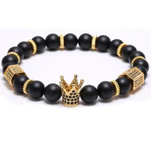 Atolyestone Nueva Geométrica Encantos Hombres Mujeres Micro Incrustaciones de Circón Corona Pulsera Natural 8mm Ronda Cuentas de Piedra Pulseras CZ Negro