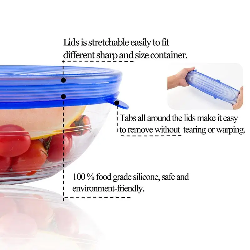Мягкая силиконовая крышка 6 Pack различных Размеры эластичный контейнеры пищевые для чашки, кастрюли, может, чаши, блюда, кружки, банки для
