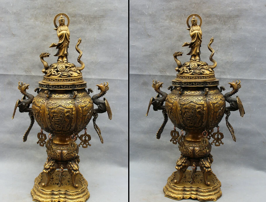 

USPS to USA S1785 25" Tibet Bronze Dragon Phoenix Kwan-yin Bird Fish Statue Incense Burner Censer (B0413)