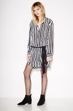 EQ 100% silk black white striped ribbon belt long sleeve lady blouses type dress women kate moss soie long shirt