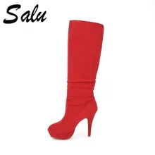 Salu/осенне-зимняя обувь из флока женские короткие плюшевые сапоги до колена с круглым носком женские сапоги на платформе и высоком каблуке
