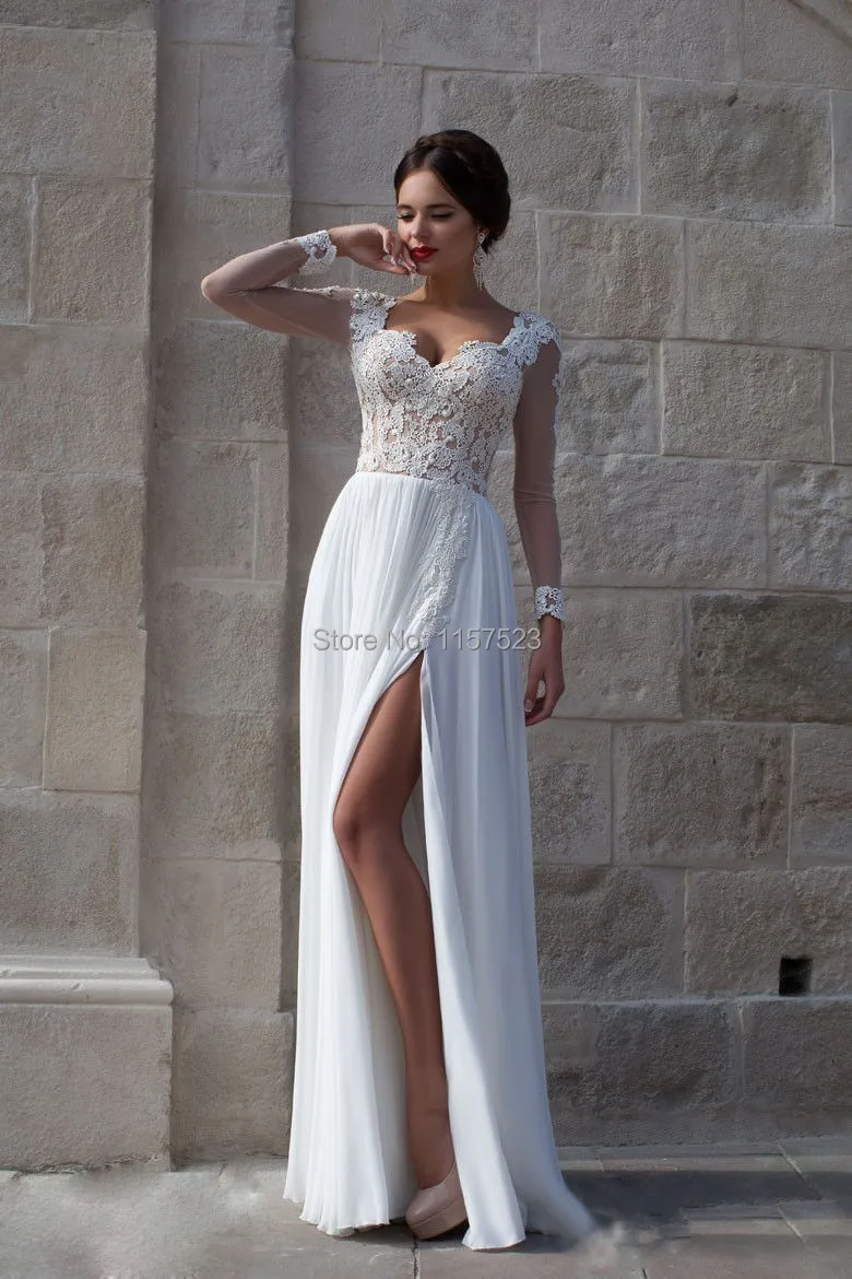 2015 Vestido De Noiva Sweetheart Longl Sleeve Lace Appliques Front Split Chiffon Wedding Dresses Brides Dress For Weddings.jpg