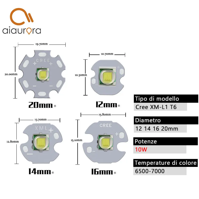 1 шт. CREE XML XM-L T6 светодиодный U2 10 Вт белый теплый белый высокой мощности светодиодный Диод с 12 мм 14 мм 16 мм 20 мм PCB для DIY