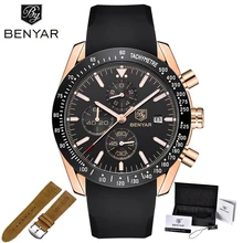 BENYAR Erkekler Saatler Marka Lüks Silikon ve Çelik Bant Kol Saatleri Deri Chronograph Kuvars Askeri İzle Relogio Masculino