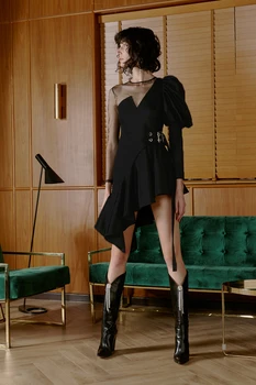 

O-Neck Fashion NewStyle Empire Long Sleeve See-Through Sashes Dress SexyWomen Celebrity Body Con Evening Party Dresses Wholesale