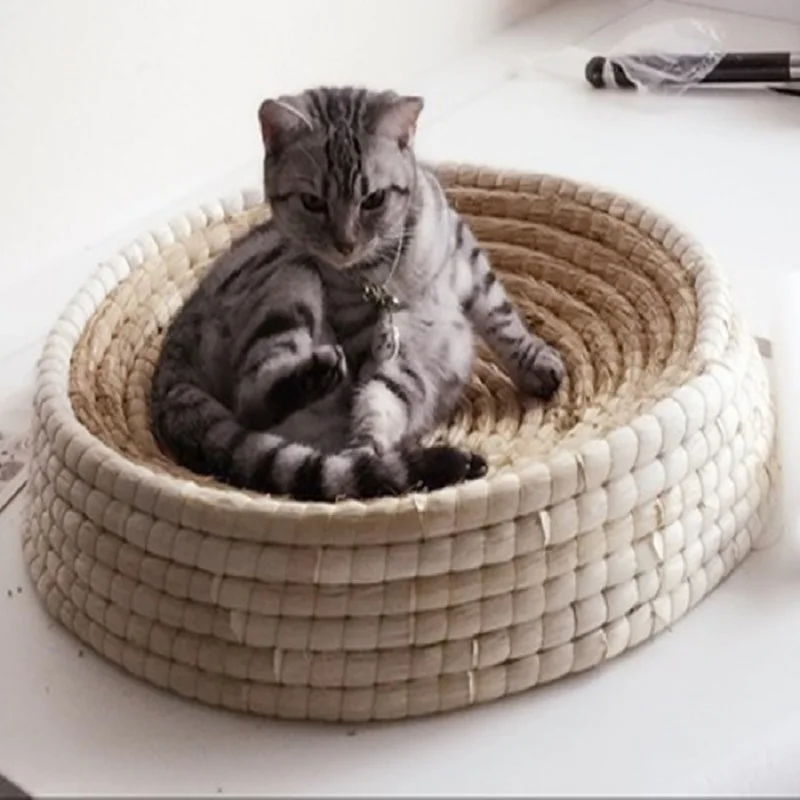 Cat Summer Natural Air Permeable Handmade Straw Pet Bed For Small Dog