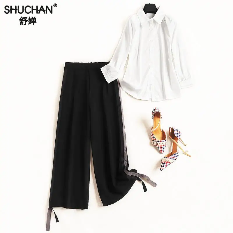 

Shuchan New 2019 2 Piece Set Women White Shirts+trousers With Stripes On The Sides Mid-calf Wide Leggings Pants Casual C938